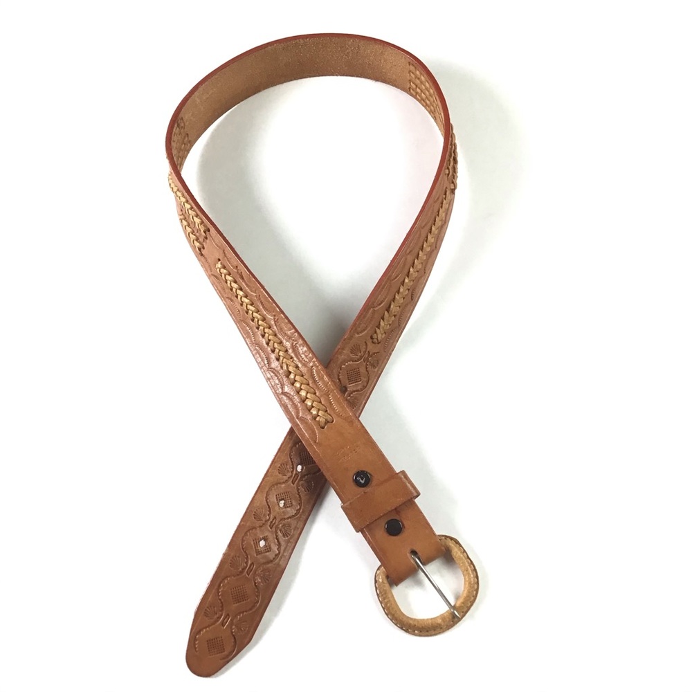 Tan Belt with Braiding and Tooled Detail